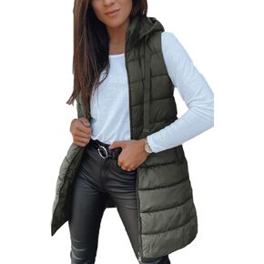 Veatzaer Women Long Vest Solid Color Sleeveless Hood Winter Puffer Vest Outwear