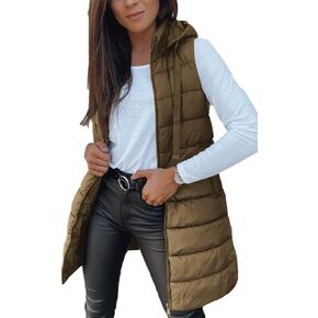 Veatzaer Women Long Vest Solid Color Sleeveless Hood Winter Puffer Vest Outwear