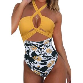 Hilor Women's One Piece Swimsuit Sexy Cutout Halter Bathing Suits Crossover High Cut Monokini Swimwear in Kuwait