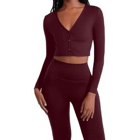 YZMJAFU Workout Sets for Women 2 Pieces Outfits Long Sleeve Crop Tops High Waist Leggings Exercise Sets