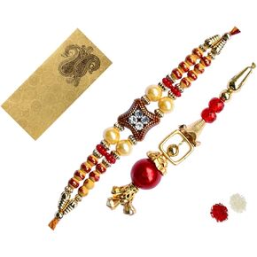 سلة Rakhi من Purpledip : Bhai Bhabhi Rakhi في Shagun مغلف مع الميمون رولي شاول تيكا (rakhi35r) in Kuwait