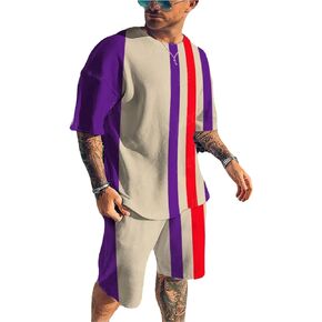 BIRW Mens Short Sets 2 Piece Outfits Fashion Summer Tracksuits Casual Set Short Sleeve and Shorts Stripe Set