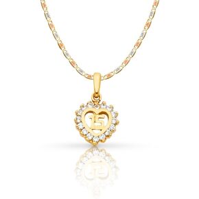 Ioka 14K Yellow Gold Sweet 15 Years Quinceanera Heart Cubic Zirconia CZ Charm Pendant with 1.5mm Valentino Chain Necklace in Kuwait