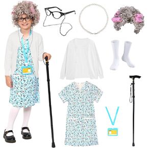 FAYBOX Old Lady Costume for Kids,Old Lady Wig 100 Days of School Costume for Girls, Granny Glasses Grandma Dress Up