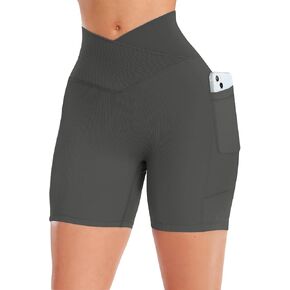 شورت نسائي مضلع بخصر متقاطع على شكل حرف V مع جيوب مقاس 5 بوصات، شورت رياضي عالي الخصر in Kuwait