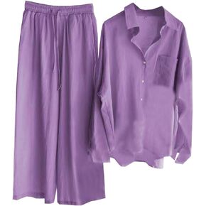 Beralst Women's 2 Piece Set, Linen Button Down Shirt + Wide Leg Pants Tracksuit