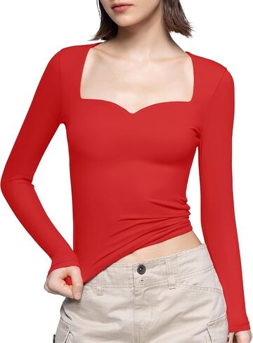 PUMIEY Women's Long Sleeve T Shirts Sweetheart Neck - Slim Fit Going Out Tops Sexy Basic Tee Smoke Cloud Pro Collection in Kuwait