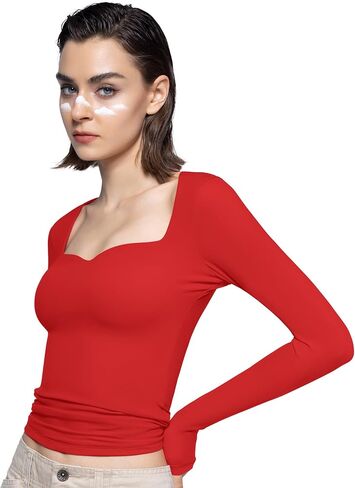 PUMIEY Women's Long Sleeve T Shirts Sweetheart Neck - Slim Fit Going Out Tops Sexy Basic Tee Smoke Cloud Pro Collection in Kuwait