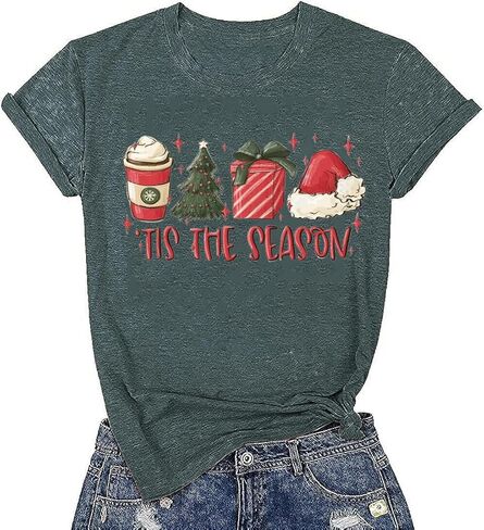 SUEOSU Women Tis The Season Christmas Tree Snack Cakes Christmas Hats Coffee Santa Family Matching Christmas Shirt in Kuwait