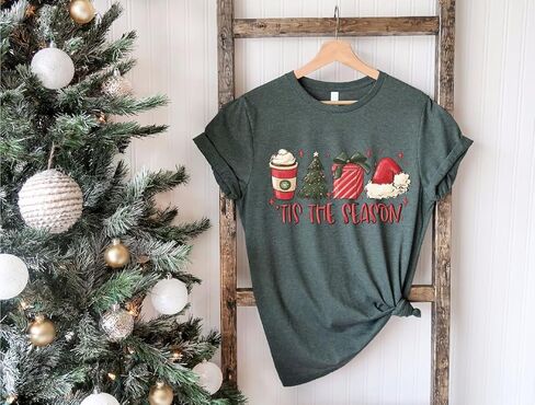 SUEOSU Women Tis The Season Christmas Tree Snack Cakes Christmas Hats Coffee Santa Family Matching Christmas Shirt in Kuwait