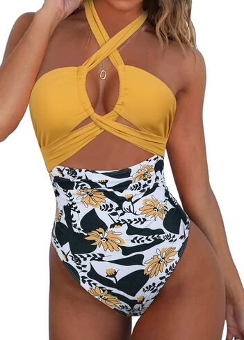 Hilor Women's One Piece Swimsuit Sexy Cutout Halter Bathing Suits Crossover High Cut Monokini Swimwear in Kuwait
