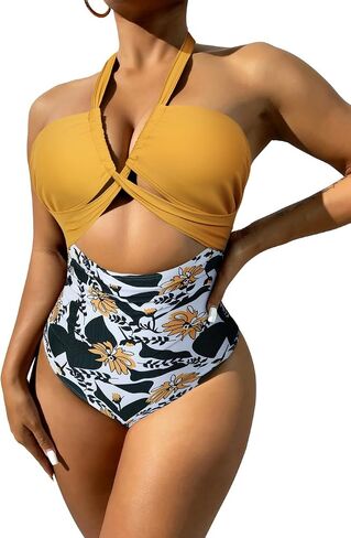 Hilor Women's One Piece Swimsuit Sexy Cutout Halter Bathing Suits Crossover High Cut Monokini Swimwear in Kuwait