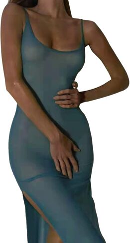 Women Mesh Sheer Spaghetti Strap Long Maxi Dress Sexy Sleeveless Backless Beach Swimsuit Cover Ups Party Club Dresses in Kuwait