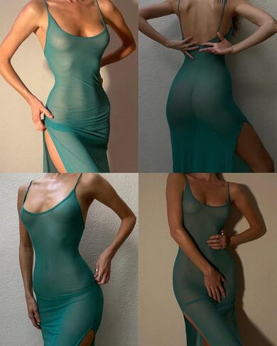 Women Mesh Sheer Spaghetti Strap Long Maxi Dress Sexy Sleeveless Backless Beach Swimsuit Cover Ups Party Club Dresses in Kuwait