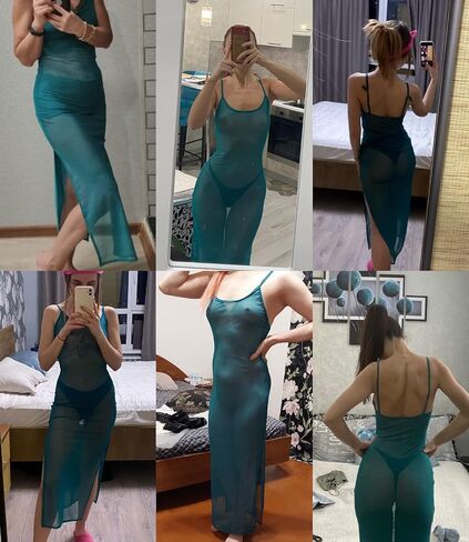 Women Mesh Sheer Spaghetti Strap Long Maxi Dress Sexy Sleeveless Backless Beach Swimsuit Cover Ups Party Club Dresses in Kuwait