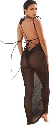 Women Mesh Sheer Spaghetti Strap Long Maxi Dress Sexy Sleeveless Backless Beach Swimsuit Cover Ups Party Club Dresses in Kuwait