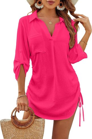 Blooming Jelly Womens Bathing Suit Cover Ups Bikini Swimsuit Coverup Drawstring Beach Dress Shirt in Kuwait