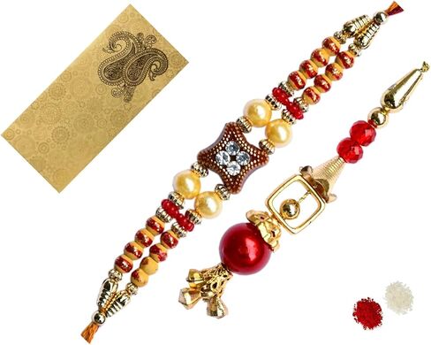 سلة Rakhi من Purpledip : Bhai Bhabhi Rakhi في Shagun مغلف مع الميمون رولي شاول تيكا (rakhi35r) in Kuwait