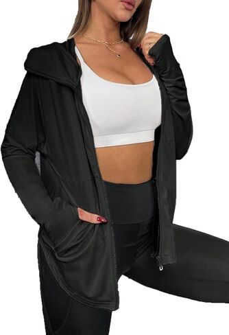 GORGLITTER Women's Zip Up Workout Jacket with Pockets Long Sleeve Hooded Athletic Lightweight Track Jackets in Saudi Arabia