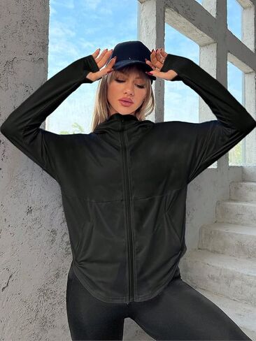 GORGLITTER Women's Zip Up Workout Jacket with Pockets Long Sleeve Hooded Athletic Lightweight Track Jackets in Saudi Arabia