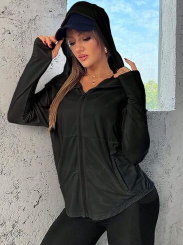 GORGLITTER Women's Zip Up Workout Jacket with Pockets Long Sleeve Hooded Athletic Lightweight Track Jackets in Saudi Arabia