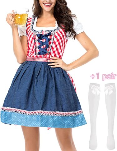 RAAIBB Oktoberfest Costumes Women German Dirndl Dresses Bavarian Drindles Dress Oktoberfest Outfits Beer Girl Pink with Socks in Kuwait