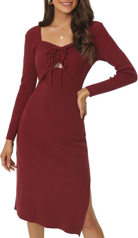 Seta T Women's Midi Sweater Dress Long Sleeve Ruched Sweetheart Neck Drawstring Side Slit Knit Bodycon Dresses in Kuwait