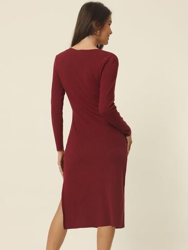 Seta T Women's Midi Sweater Dress Long Sleeve Ruched Sweetheart Neck Drawstring Side Slit Knit Bodycon Dresses in Kuwait