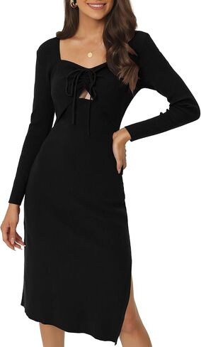 Seta T Women's Midi Sweater Dress Long Sleeve Ruched Sweetheart Neck Drawstring Side Slit Knit Bodycon Dresses in Kuwait