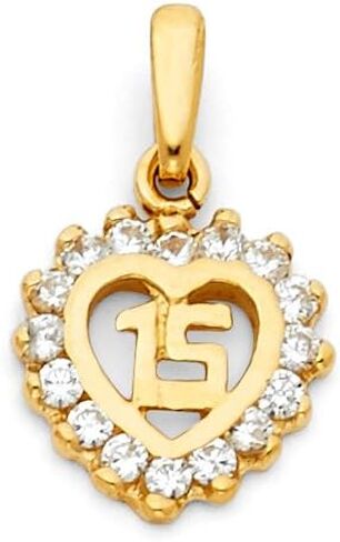Ioka 14K Yellow Gold Sweet 15 Years Quinceanera Heart Cubic Zirconia CZ Charm Pendant with 1.5mm Valentino Chain Necklace in Kuwait