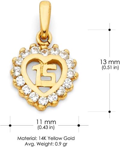 Ioka 14K Yellow Gold Sweet 15 Years Quinceanera Heart Cubic Zirconia CZ Charm Pendant with 1.5mm Valentino Chain Necklace in Kuwait