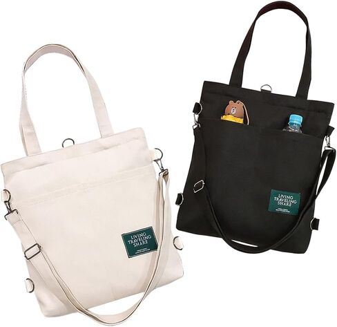 2PCS Canvas Tote Crossbody Shoulder Bag for Women Casual Handbags with with Inner Zipper Pocket Big Capacity Purse for Work Shopping Travel Daily Beige & Black in Kuwait