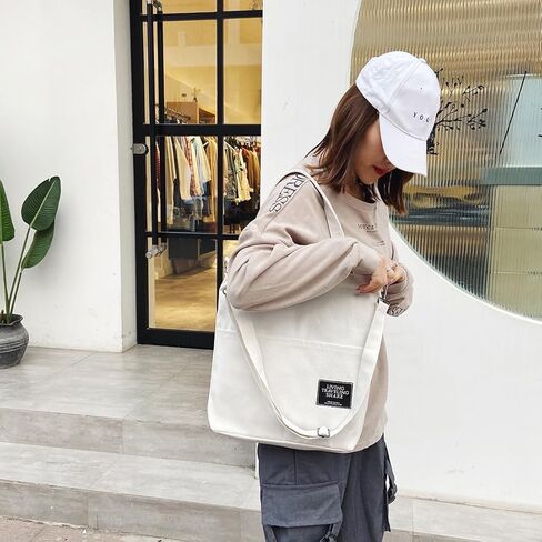 2PCS Canvas Tote Crossbody Shoulder Bag for Women Casual Handbags with with Inner Zipper Pocket Big Capacity Purse for Work Shopping Travel Daily Beige & Black in Kuwait