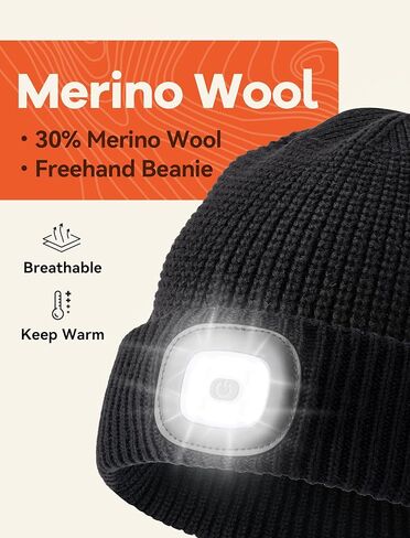 قبعة صغيرة مع ضوء، قبعة شتوية من صوف الميرينو LED قبعة صغيرة قابلة لإعادة الشحن عبر USB هدية للرجال والنساء in Kuwait
