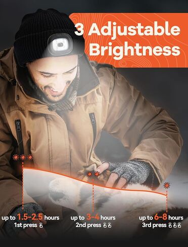 قبعة صغيرة مع ضوء، قبعة شتوية من صوف الميرينو LED قبعة صغيرة قابلة لإعادة الشحن عبر USB هدية للرجال والنساء in Kuwait