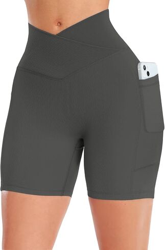 شورت نسائي مضلع بخصر متقاطع على شكل حرف V مع جيوب مقاس 5 بوصات، شورت رياضي عالي الخصر in Kuwait