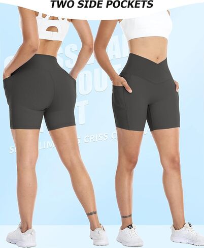 شورت نسائي مضلع بخصر متقاطع على شكل حرف V مع جيوب مقاس 5 بوصات، شورت رياضي عالي الخصر in Kuwait