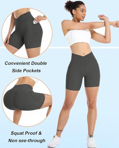 شورت نسائي مضلع بخصر متقاطع على شكل حرف V مع جيوب مقاس 5 بوصات، شورت رياضي عالي الخصر in Kuwait