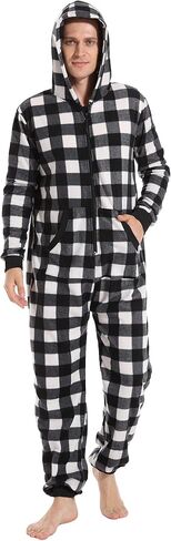 Focupaja Unisex Check Onesie Christmas Zip Up Matching Onesie Hooded Pajamas One Piece Non-Footed Jumpsuit Adult Teenager in Saudi Arabia