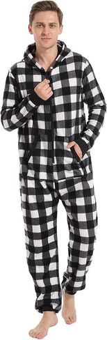 Focupaja Unisex Check Onesie Christmas Zip Up Matching Onesie Hooded Pajamas One Piece Non-Footed Jumpsuit Adult Teenager in Saudi Arabia