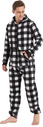 Focupaja Unisex Check Onesie Christmas Zip Up Matching Onesie Hooded Pajamas One Piece Non-Footed Jumpsuit Adult Teenager in Saudi Arabia