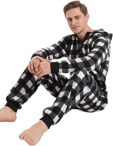 Focupaja Unisex Check Onesie Christmas Zip Up Matching Onesie Hooded Pajamas One Piece Non-Footed Jumpsuit Adult Teenager in Saudi Arabia