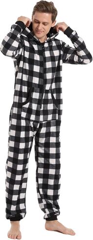 Focupaja Unisex Check Onesie Christmas Zip Up Matching Onesie Hooded Pajamas One Piece Non-Footed Jumpsuit Adult Teenager in Saudi Arabia