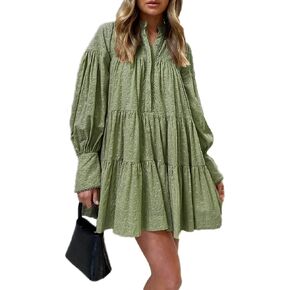Roiii Women A-Line Lace Loose Baroque Button Down Long Sleeve Casual Dresses V Neck Embroidery Party Short Dress