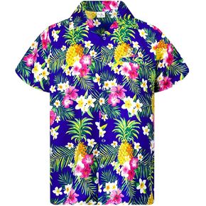KING KAMEHA Funky Casual Hawaiian Shirt for Kids Boys and Girls Front Pocket Shortsleeve Unisex Pineapple Flowers Print