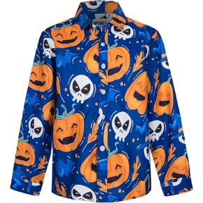 MOHEZ Boys Halloween Long Sleeve Button Down Dress Shirt Funny Pumpkins Print Kids Novelty Holiday Tops 3-14 Years