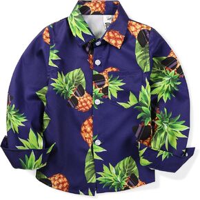 OCHENTA Boys Pineapple Sunglass Hawaiian Shirt Long Sleeve Button Down Tropical Beach Spring Fall Clothes