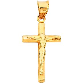 14K Yellow Gold Jesus Engraved Cross Pendant - Crucifix Charm Polish Finish - Handmade Spiritual Symbol - Gold Stamped Fine Jewelry - Great Gift for Men & Women