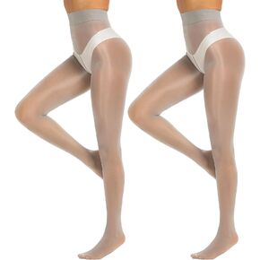 Yilanmy Shiny Pantyhose for Women 15D High Waist Sheer Tights Oil Shimmer Tights Ultra Silky 2 Pairs