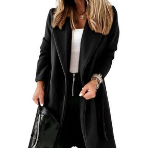 Hooever Women's Double Breasted Wool Blend Coat Winter Notched Lapel Belted Peacoat Mid Long Jacket